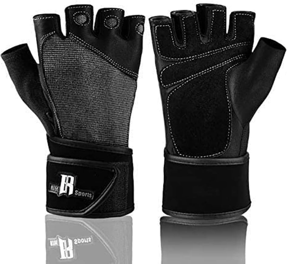 Premium Leather Weight Lifting Gloves with Wrist Support for Supreme Protection Wrist Wrap Gloves with Palm Padded and Thumb Protected Workout Gloves for Weightlifting, Pullups & Deadlift